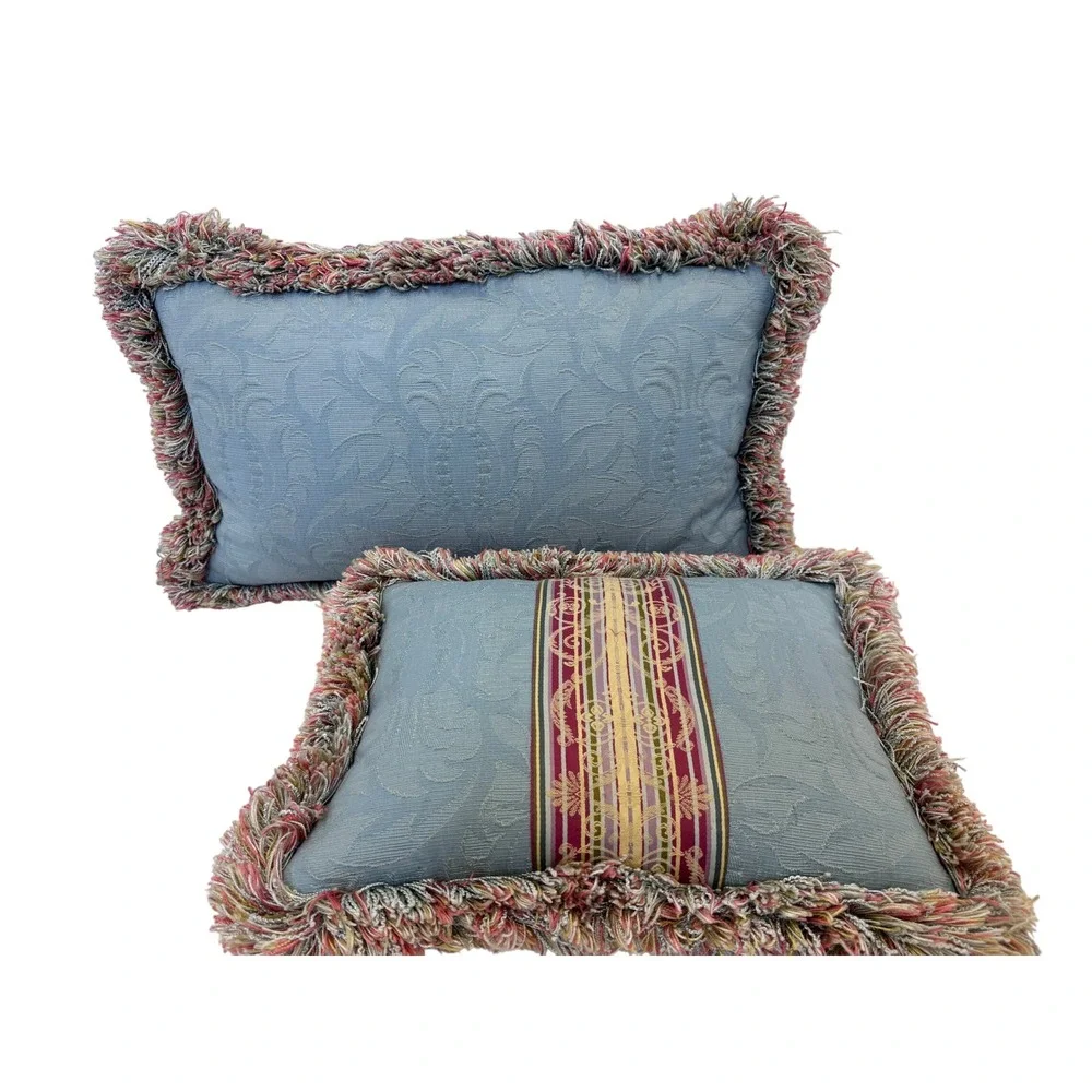 Blue Damask Lumbar Throw Pillows Down Filled Set of 2 w/Multi Color Brush Fringe